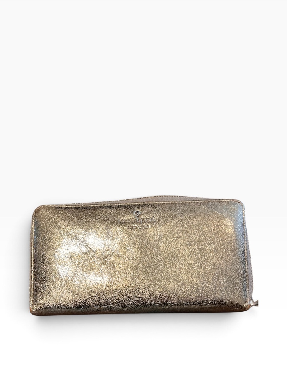 Kate Spade gold metallic zip-around wallet with storybook lining & callouts
